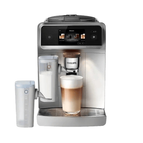 Zilverkleurige koffieautomaat met digitaal display en kopje cappuccino op uitloop