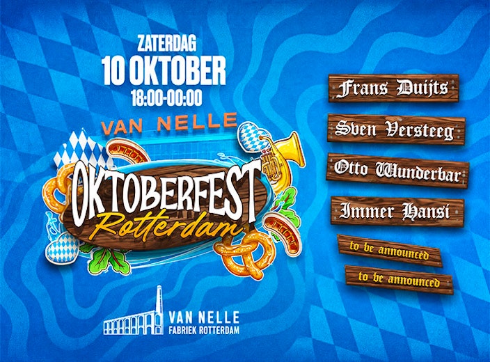 Blauw affiche voor Oktoberfest Rotterdam op 10 oktober met muziekbandnamen