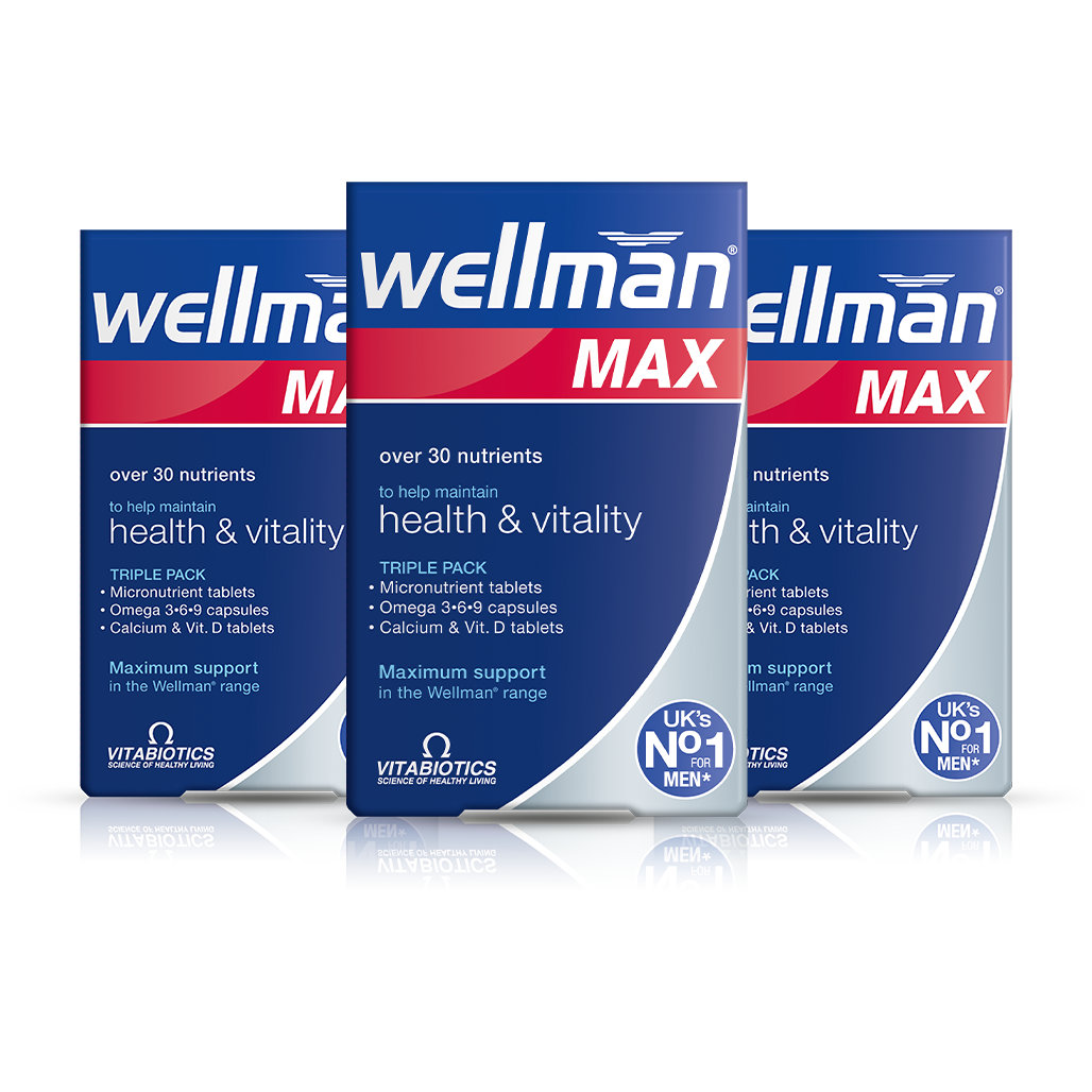 Drie dozen Wellman MAX voedingssupplementen met triple pack formule voor vitaliteit en gezondheid