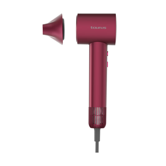 Bordeauxrode haardroger met diffuser-opzetstuk en afzonderlijke concentratornozzle