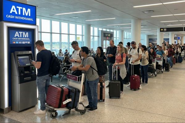 Reizigers met koffers wachten in rij bij geldautomaat op luchthaven