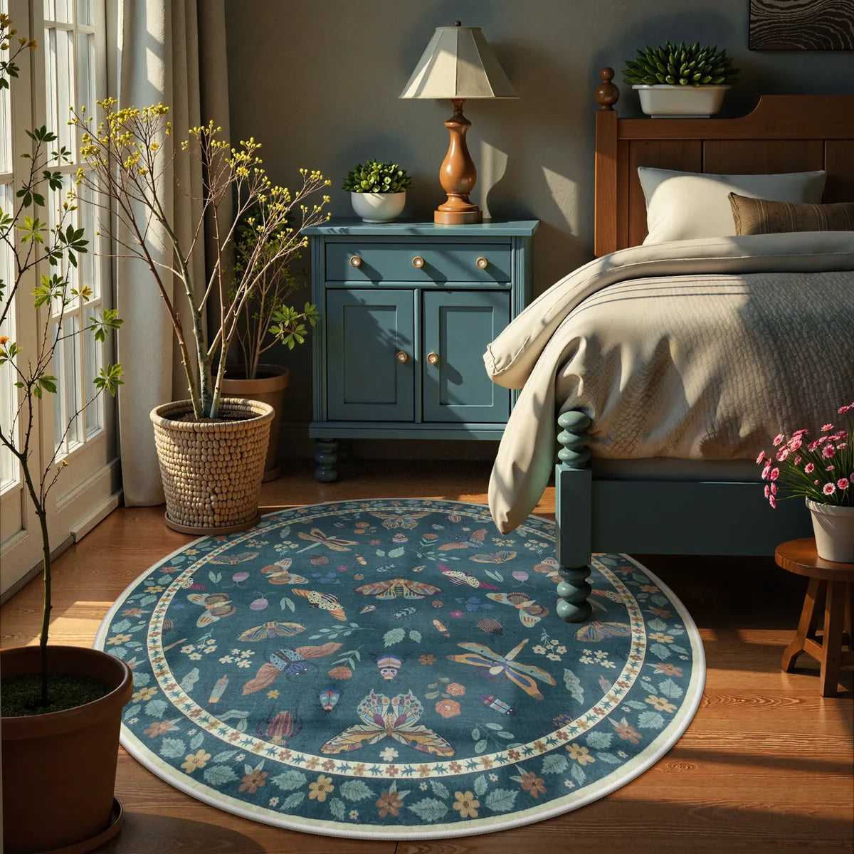 Slaapkamer met rond donkergroen tapijt met insecten- en bloemenmotief, blauw nachtkastje en houten bed