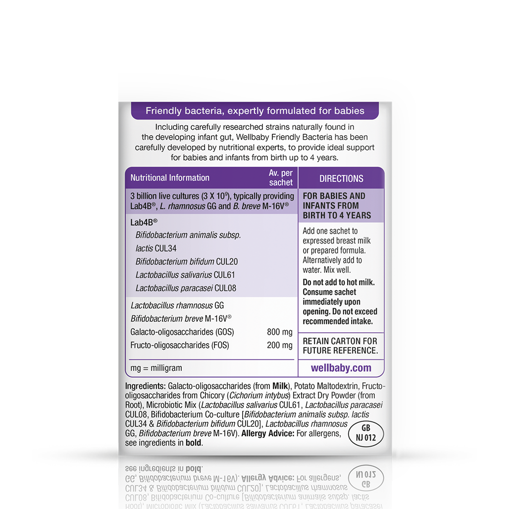 Achterkant verpakking met nutritionele informatie en gebruiksaanwijzingen voor Wellbaby Friendly bacteria
