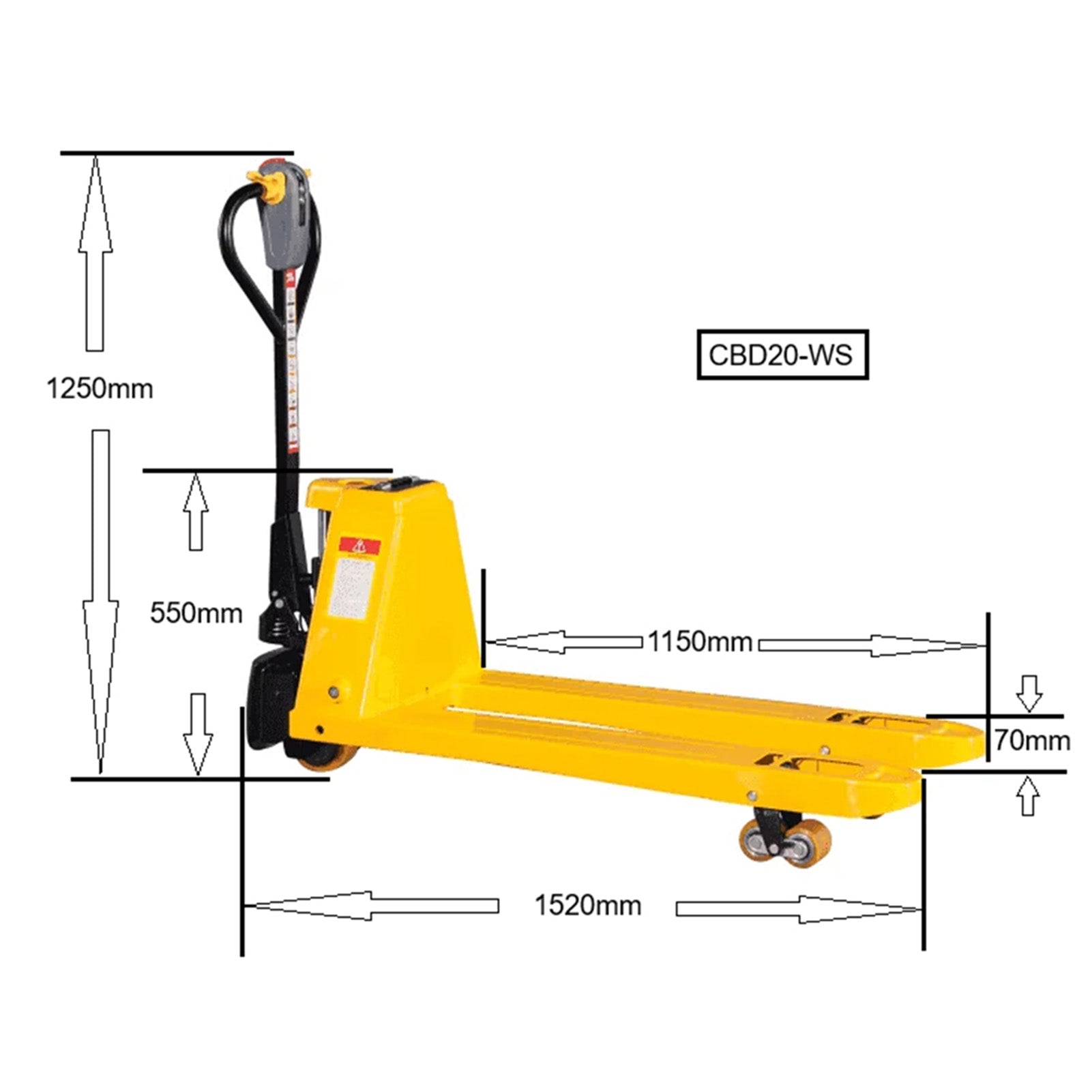 Technische tekening van elektrische pallet truck CBD20-WS met afmetingen en specificaties