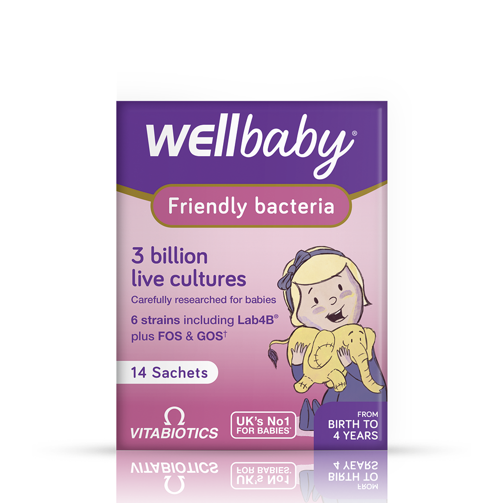 Paarse verpakking van Wellbaby Friendly bacteria met 14 sachets voor baby's van geboorte tot 4 jaar