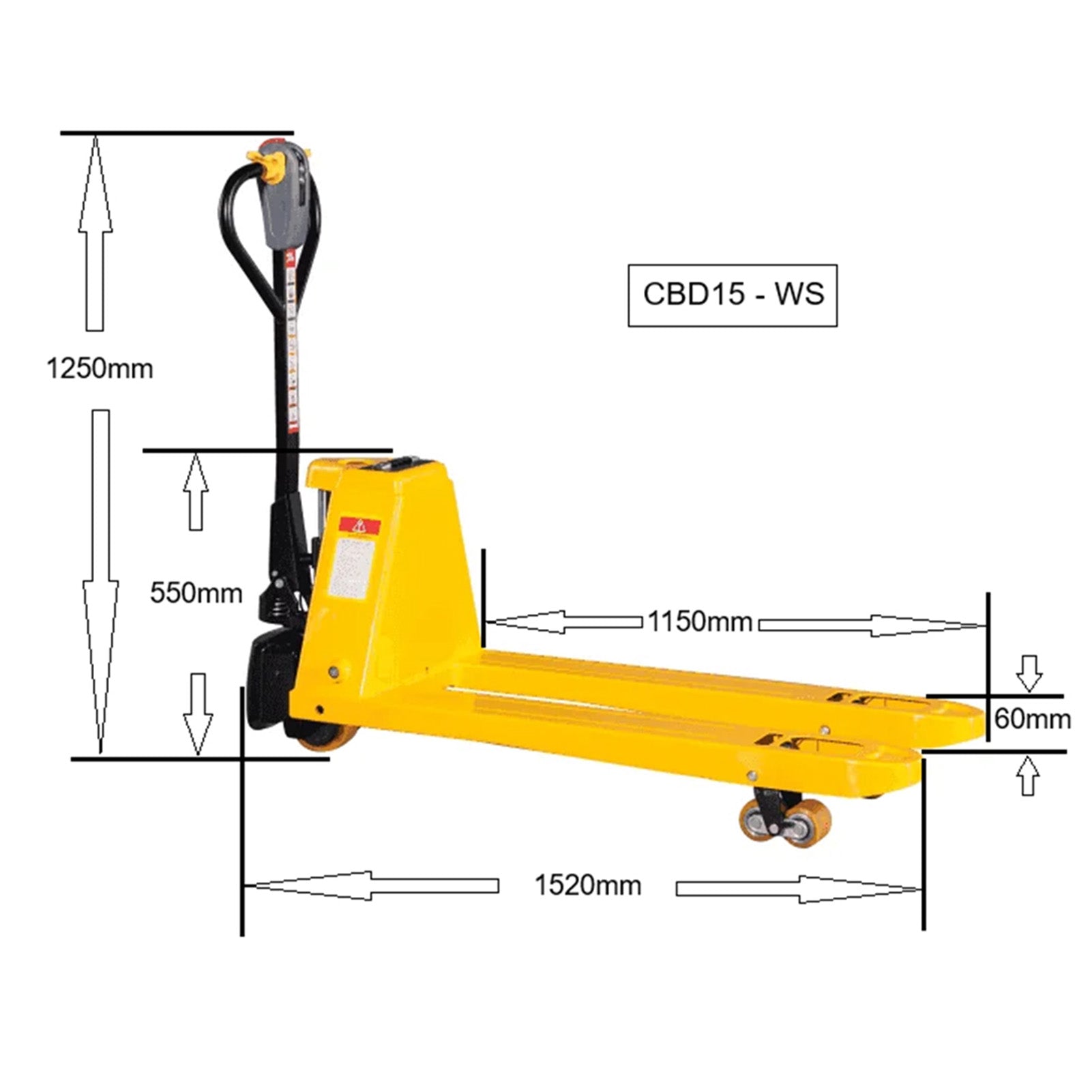 Technische tekening van elektrische pallet truck CBD15-WS met afmetingen en specificaties